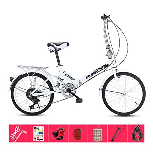 Folding Bike : AOHMG 20'' Folding Bike for Adults Lightweight, 7-Speed Lightweight Steel Frame Unisexe Commuter Foldable City Bicycle, with Fenders / Wear-Resistant Tire, White