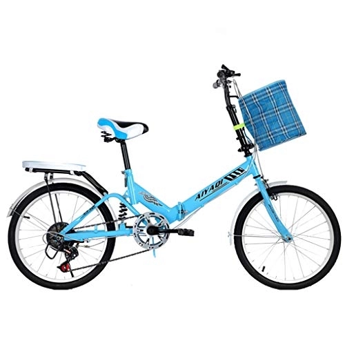 Folding Bike : AOHMG 20'' Folding Bike for Adults Lightweight, 7-Speed Steel Frame Compact Commuter Foldable City Bicycle, with Rear Rack / Comfort Saddle, Blue