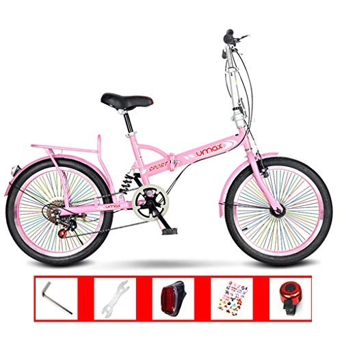Folding Bike : AOHMG 20'' Folding Bike, Single-Speed Lightweight Steel Frame Unisexe Commuter Foldable City Bicycle, with Anti-Skid Wear-Resistant Tire, Pink