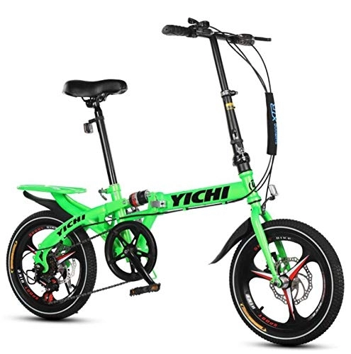 Folding Bike : AOHMG Folding Bicycle, 7-Speed Foldable Bike Dual Disc Brake Aluminum Lightweight, Green_16in