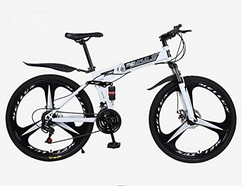 Folding Bike : ART-HDeck Mountain Bike 24 speed Steel Frame MTB Bicycle with 3 Cutter Wheel White Dual Suspension Folding Bike Disc Brake Mountain Bike for Adult