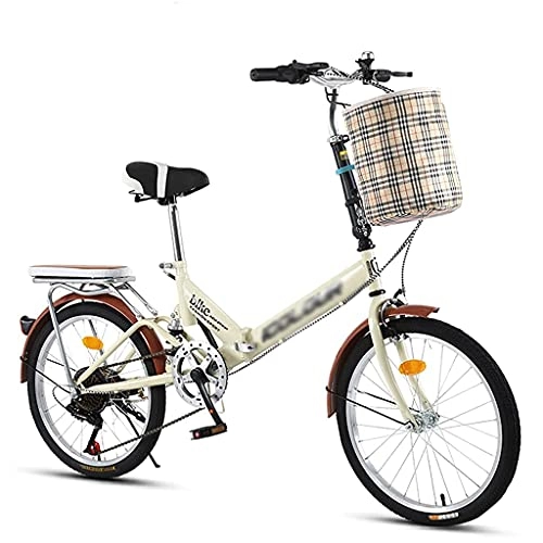 Folding Bike : ASDF 20 Inch Folding Bike, 6 Speed Compact Commuter Foldable Bicycles Mini Lightweight City Bike for Women Men and Teens(Color:Beige)