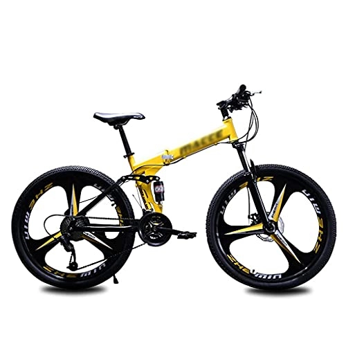 Folding Bike : ASDF 21 Speed Folding Mountain Bike 3 Spoke Wheel Foldable Bicycles Dual Disc Brakes Dual Suspension MTB Folding Bike For Women Men Teenagers, Yellow(Size:26 inch)