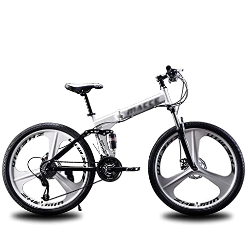 Folding Bike : ASDF 21 Speed Mountain Bike, 3-Spoke Wheels MTB Folding Bike Dual Disc Brakes Dual Suspension Foldable Bicycles for Women Men Teenagers, White(Size:26 inch)