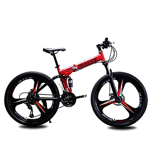 Folding Bike : ASDF Folding Mountain Bike 21 Speed 3 Spoke Wheel Foldable Bicycles Dual Disc Brakes Dual Suspension Folding Bike for Women Men Teenagers, Red(Size:24 inch)