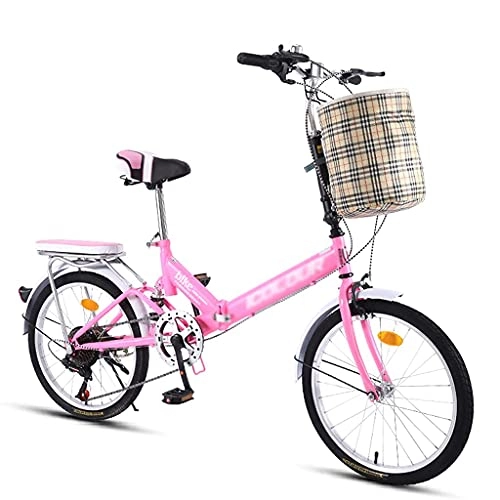 Folding Bike : ASDF Lightweight Folding Bike for Women Men and Teenager, Rear Carry Rack, 6 Speed Easy Folding City Bicycle 20-inch Wheels, V Brake(Color:Pink)