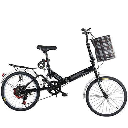 Folding Bike : ASYKFJ foldable bicycle 20-inch Carbon Steel Bicycles, Folding Bike Variable Speed Male Female Adult Lady City Commuter Outdoor Sport Bike with BasketMultiple Variable Speed (Color : Black)