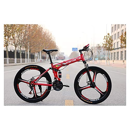 Folding Bike : Augu Mountain Bike, 21 Speed Dual Suspension Folding Bike 26 Inches three-blade Wheels Oil brake Bicycle