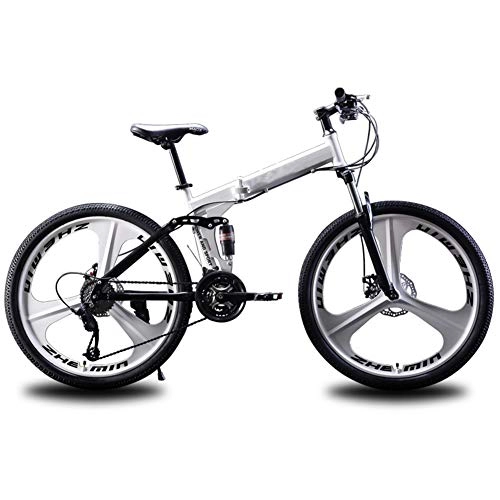 Folding Bike : AWJK Men's Bicycle Folding Mountain Bike 21 / 24 / 27 Gearshift Double Shock Ladies Portable Bike, White 24 speed, 26 inches