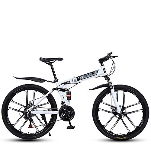 Folding Bike : AXXWXX Foldable mountain bike 26-inch variable speed adult shock-absorbing bicycle mountain bike double disc brake soft tail carbon steel off-road outdoor city cycling travel-white_26 inch 21 speed
