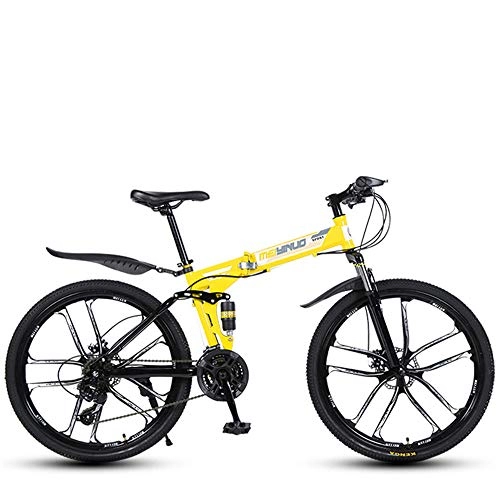 Folding Bike : AXXWXX Foldable mountain bike 26-inch variable speed adult shock-absorbing bicycle mountain bike double disc brake soft tail carbon steel off-road outdoor city cycling travel-yellow_26 inch 21 speed
