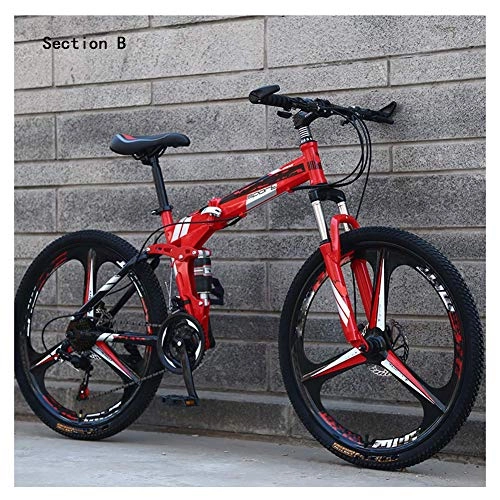 Folding Bike : AYHa Adult Folding Bikes, Double Shock Absorption 26 inch Mountain Off-Road Bike 24 / 27 Speed Dual Disc Brake High-Carbon Steel Frame, White red, D 27 Speed