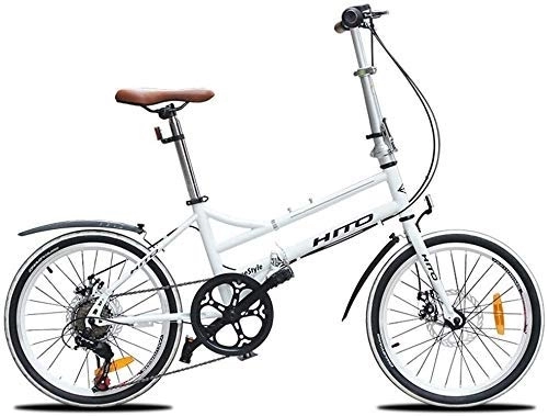 Folding Bike : AYHa Adults Folding Bikes, 20 inch 6 Speed Disc Brake Foldable Bicycle, Lightweight Portable Reinforced Frame Commuter Bike with Front and Rear Fenders, White