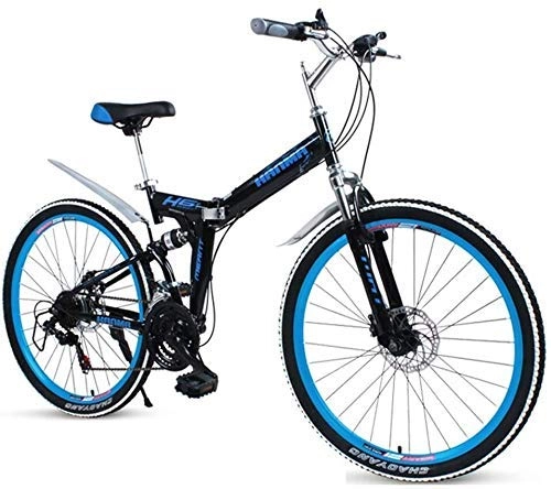 Folding Bike : AYHa Adults Folding Bikes, High-Carbon Steel Double Disc Brake Folding Mountain Bike, Dual Suspension Foldable Bicycle, Portable Commuter Bike, Black, 24"24 Speed