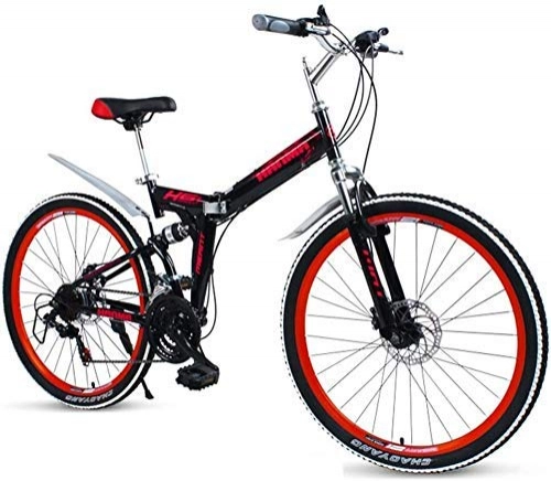 Folding Bike : AYHa Adults Folding Bikes, High-Carbon Steel Double Disc Brake Folding Mountain Bike, Dual Suspension Foldable Bicycle, Portable Commuter Bike, Red, 24"21 Speed