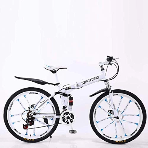 Folding Bike : AZYQ Mountain Bike Folding Bikes, 27-Speed Double Disc Brake Full Suspension Anti-Slip, Lightweight Aluminum Frame, Suspension Fork, Multiple Colors-24 Inch / 26 inch, White3, 26 inch