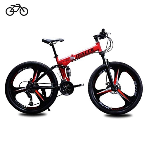 Folding Bike : B-D Folding Bikes Unisex Student Folding Mountain Bike, High Carbon Steel Frame, 21 Speed, Shock Absorption, Safety Dual Disc Brakes System, for Outdoor Riding Trip, Go To School And Work, Red, 24inch
