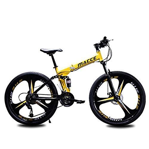 Folding Bike : B-D Folding Mountain Bike for Adults, Country Mountain Bike 24 / 26 Inch with Double Disc Brake Carbon Steel Frame MTB Bicycle with 3 Cutter Wheel, Yellow, 24inch