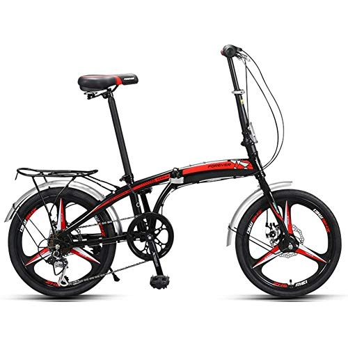 Folding Bike : BCX Adults Folding Bikes, 20" High-Carbon Steel Folding City Bike Bicycle, Foldable Bicycle with Rear Carry Rack, Double Disc Brake Bike, Red, Black
