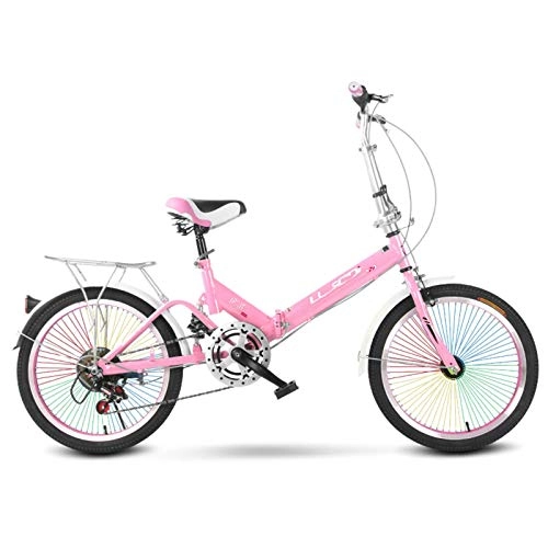 Folding Bike : BEIGOO Folding Bike for Adults, Women, Men, Rear Carry Rack, Front and Rear Fenders, 6 Speed Aluminum Easy Folding City Bicycle 20-inch Wheels, Disc Brake-Pink-6Speed