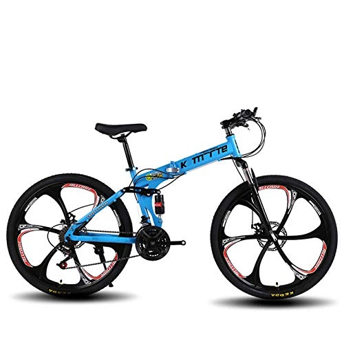 Folding Bike : BEIGOO Folding Bike, Mountain Bike with High Carbon Steel Frame, Featuring 6 Spoke Wheels and 21 / 24 / 27 Speed, Double Disc Brake and Dual Suspension Anti-Slip Bicycles-blue-27Speed