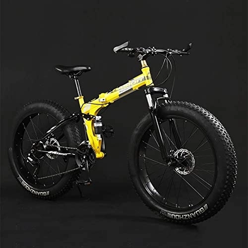 Folding Bike : Bicycle, Adult Mountain Bikes, Foldable Frame Fat Tire Dual-Suspension Mountain Bicycle, High-carbon Steel Frame, All Terrain Mountain Bike, 20" Yellow, 27 Speed