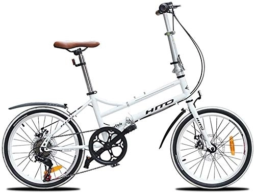 Folding Bike : Bicycle Adults Folding Bikes, 20 Inch 6 Speed Disc Brake Foldable Bicycle, Lightweight Portable Reinforced Frame Commuter Bike with Front and Rear Fenders (Color : White)