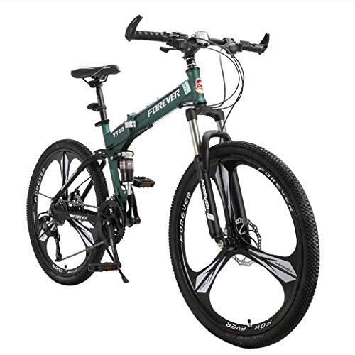 Folding Bike : Bicycle Folding Mountain Bike, 17-Inch / Medium High-Tensile Steel Frame, 24-Speed, 26-inch Wheels Folding for Women / men (Green)