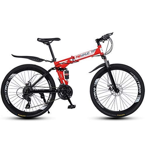 Folding Bike : Bicycle for Adult, Steel Carbon Mountain Bicycles Double Disc Brake System Non-Slip Tire Safer To Ride Light And Durable Folding Bicycles, Red, 27 speed