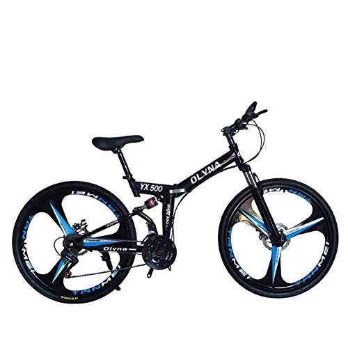 Folding Bike : Bicycle Mountain Bike 21 / 24 / 27 / 30 Speed Steel Frame 26 Inches 3-Spoke Wheels Dual Suspension Folding Bike, Black, 21speed