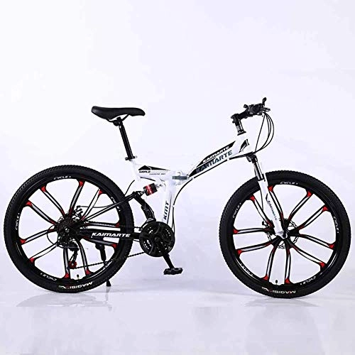 Folding Bike : Bicycle Mountain Bike, 21 Speed Dual Suspension Folding Bike, with 26 Inch 10-Spoke Wheels and Double Disc Brake, for Men and Woman, White, 21speed