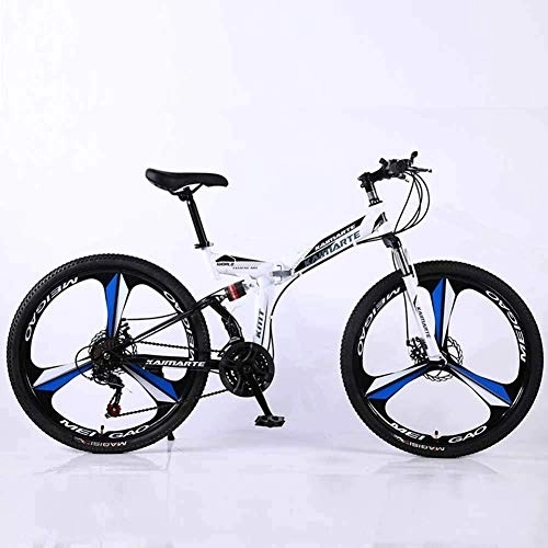 Folding Bike : Bicycle Mountain Bike, 21 Speed Dual Suspension Folding Bike, with 26 Inch 3-Spoke Wheels and Double Disc Brake, for Men and Woman, White, 27speed
