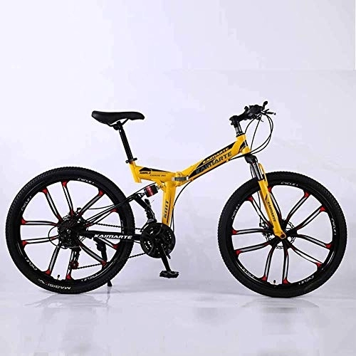 Folding Bike : Bicycle Mountain Bike, 24 Speed Dual Suspension Folding Bike, with 24 Inch 10-Spoke Wheels and Double Disc Brake, for Men and Woman, Yellow, 27speed