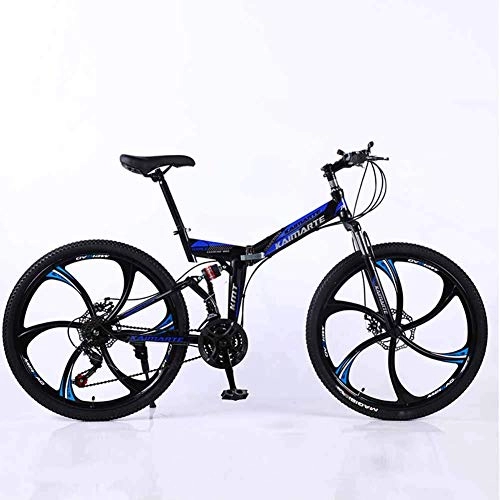 Folding Bike : Bicycle Mountain Bike, 24 Speed Dual Suspension Folding Bike, with 24 Inch 6-Spoke Wheels and Double Disc Brake, for Men and Woman, Blue, 21speed