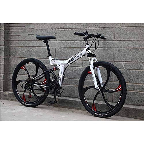 Folding Bike : Bicycle Mountain Bike, 24 Speed Dual Suspension Folding Bike, with 24 Inch 6-Spoke Wheels and Double Disc Brake, for Men and Woman, White, 24speed