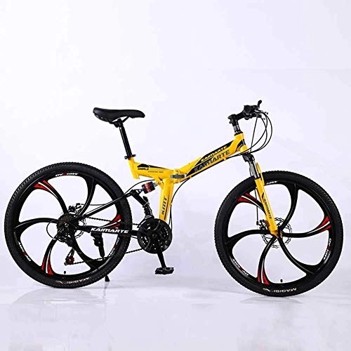 Folding Bike : Bicycle Mountain Bike, 24 Speed Dual Suspension Folding Bike, with 24 Inch 6-Spoke Wheels and Double Disc Brake, for Men and Woman, Yellow, 27speed
