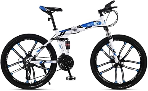 Folding Bike : Bicycle, Mountain Bike Child Bicycles 21 / 24 / 27 Speed Steel Frame 26 Inches 10-Spoke Wheels Suspension Folding Bike, Blue, 24speed