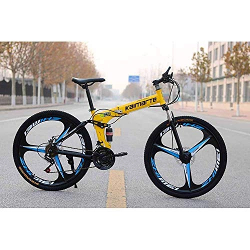 Folding Bike : Bicycle Unisex Mountain Bike, 24 Speed Dual Suspension Folding Bike, with 26 Inch 3-Spoke Wheels and Double Disc Brake, Yellow, 24speed