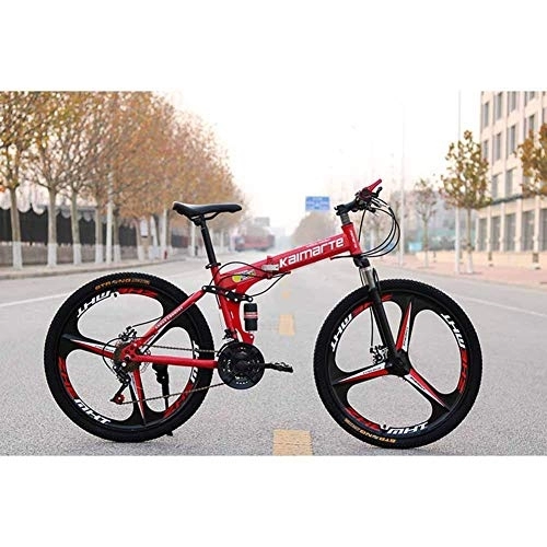 Folding Bike : Bicycle Unisex Mountain Bike, 27 Speed Dual Suspension Folding Bike, with 24 Inch 3-Spoke Wheels and Double Disc Brake, for Men and Woman, Red, 21speed