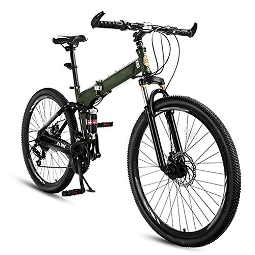 Folding Bike : Bidetu Foldable Bicycle 26 Inch, 24-Speed Folding Mountain Bike, Unisex Lightweight Commuter Bike, MTB Full Suspension Bicycle, Double Disc Brake / Green / B wheel
