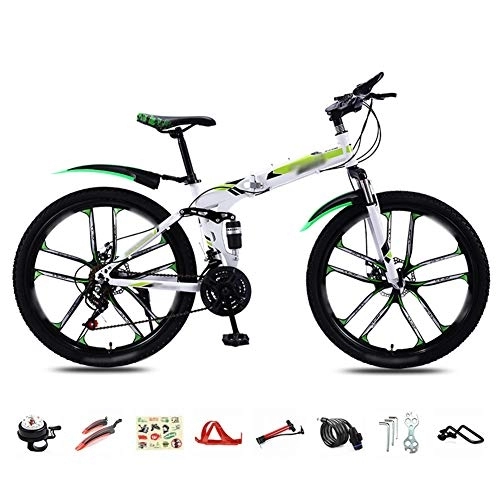 Folding Bike : Bidetu Foldable Bicycle 26 Inch, 30-Speed Folding Mountain Bike, Unisex Lightweight Commuter Bike, MTB Full Suspension Bicycle with Double Disc Brake / Green / B wheel