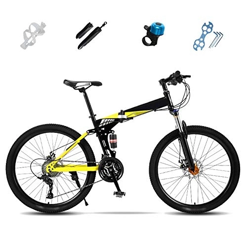 Folding Bike : Bidetu Folding Mountain Bike, 27-Speed Full Suspension Bicycle, 24 Inches, 26 Inches, Off-road MTB Bike, Unisex Foldable Commuter Bike, Double Disc Brake / Yellow / 24