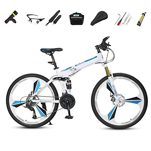 Folding Bike : Bidetu Off-road Mountain Bike, 26-inch Folding Shock-absorbing Bicycle, Male And Female Adult Lady Bike, Foldable Commuter Bike - 27 Speed Gears with Double Disc Brake / blue