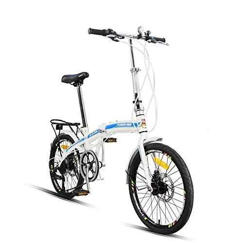 Folding Bike : Bike 20 Inches High-carbon Steel Foldable Bicycle 7-speed Shift Double Disc Brake Men And Women Student City Commuter Car White Blue
