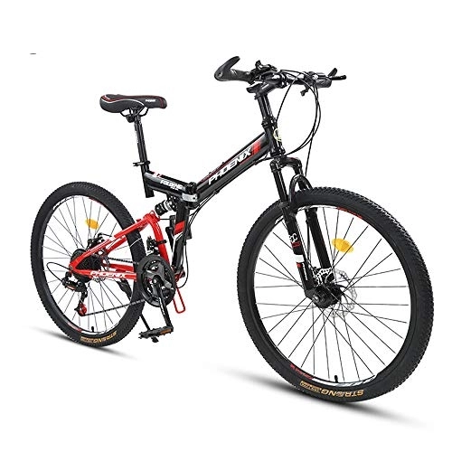 Folding Bike : Bike 26 Inch Folding Mountain Men's And Women's Front And Rear Double Shock Absorption Bicycle 24 Speed Adult Double Disc Brake Mountain Bicycles Eight Piece Positioning Tarun Black Red