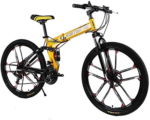 Folding Bike : Bike Folding Mountain 24 / 26 Inch Bicycle 21 / 24 / 27 Speed With Double Suspension Double Disc Brakes For Adult 0725 (Color : Yellow, Size : 26 inch27 speed)