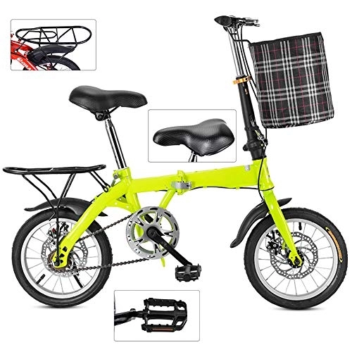 Folding Bike : Bike Variable Speed Folding Bicycle, Portable Lightweight Damping Bicycle with Cycling Baskets And Carrier Frame, Adjustable Seat Bike for Adult Child Student, Single Speed Disc Brake, Green, 14 inch