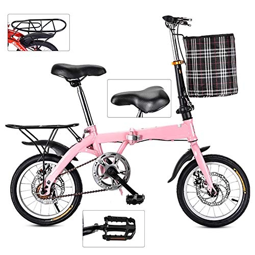 Folding Bike : Bike Variable Speed Folding Bicycle, Portable Lightweight Damping Bicycle with Cycling Baskets And Carrier Frame, Adjustable Seat Bike for Adult Child Student, Single Speed Disc Brake, Pink, 20 inch