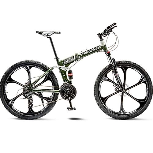 Folding Bike : BNMKL Mountain Bike 24 / 26 Inch - 27 Speed Folding Outroad Bicycles, Full Suspension MTB, High-Carbon Steel Road Bike Adult Men And Women, Army Green, 26 Inch