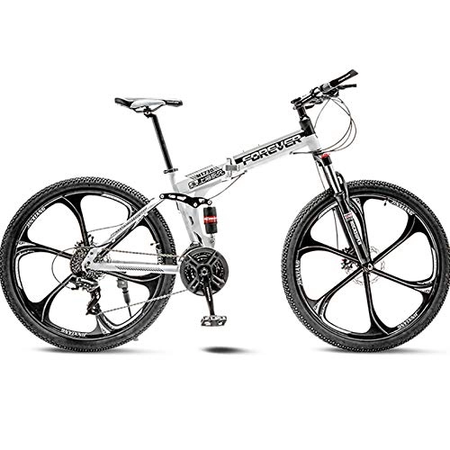 Folding Bike : BNMKL Mountain Bike 24 / 26 Inch - 27 Speed Folding Outroad Bicycles, Full Suspension MTB, High-Carbon Steel Road Bike Adult Men And Women, Black White, 24 Inch